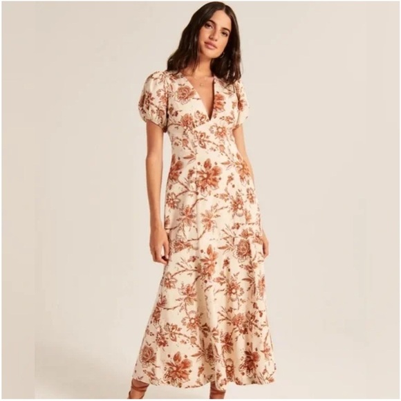 Abercrombie & Fitch Dresses & Skirts - Abercrombie and Fitch Cream Floral Printed Poplin Puff Sleeve Midi Dress Small